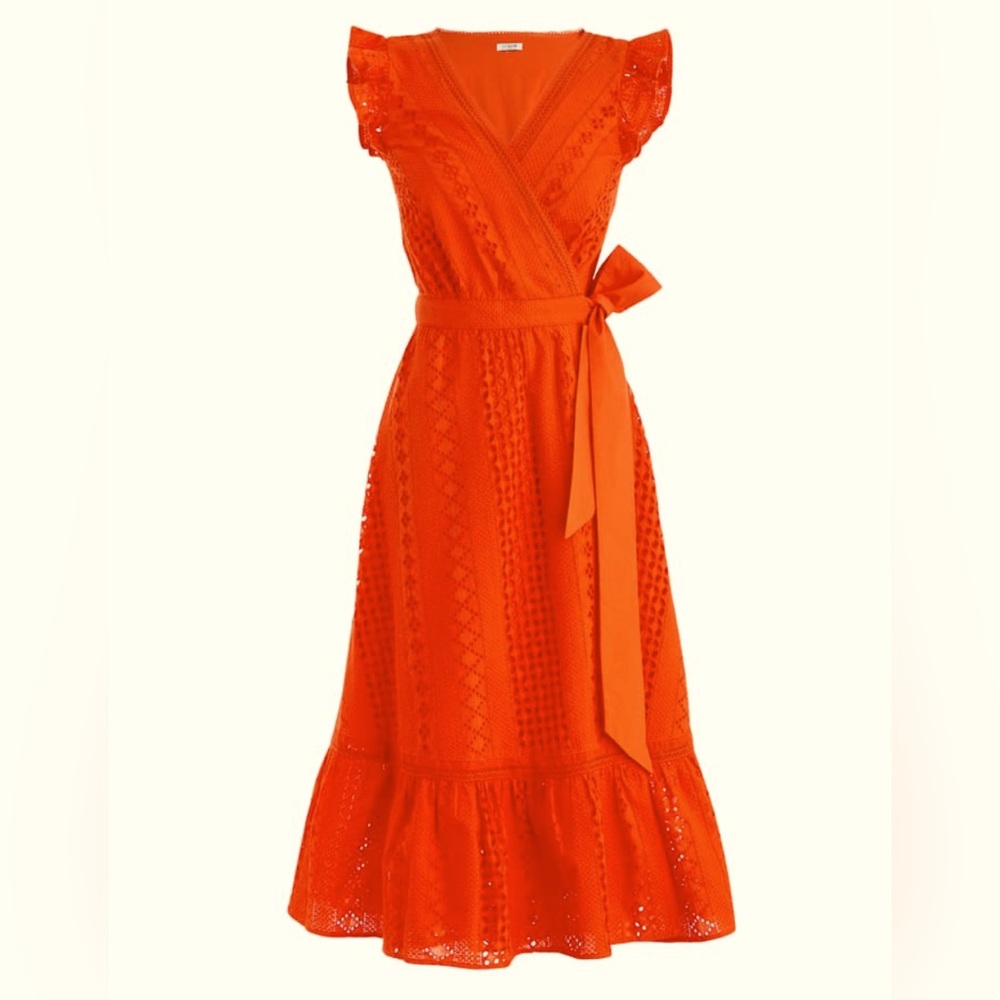 J. CREW ALL OVER EYELET WRAP DRESS IN RESORT ORANGE SIZE: 00